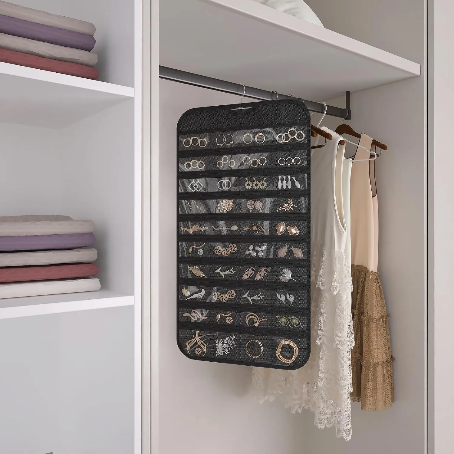 1-Pack Hanging Jewelry Organizer 80-Pocket Dual-sided Jewelry Storage for Jewelry Earring Necklace Bracelet Ring Storage Travel Holder, Black