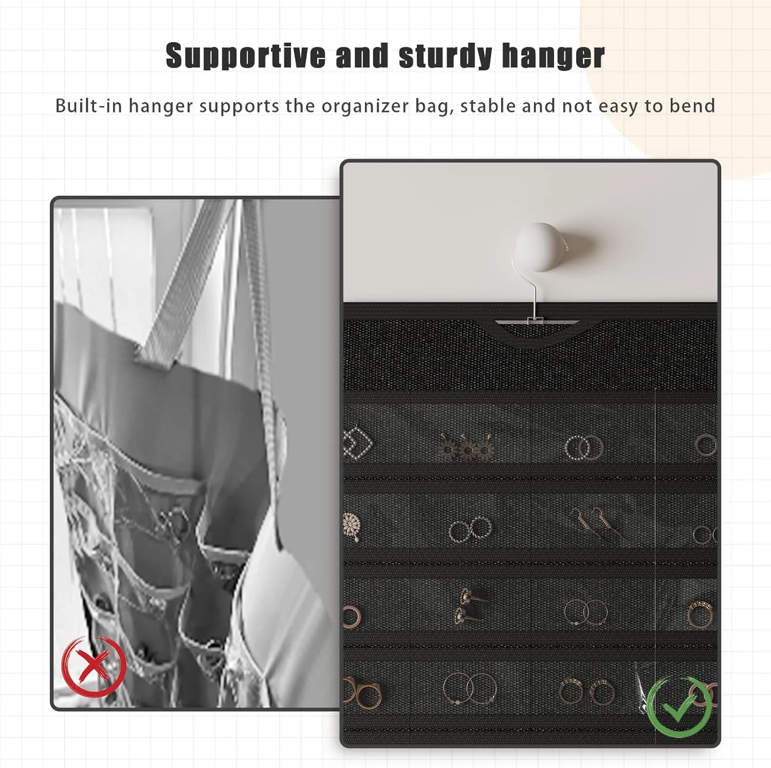 1-Pack Hanging Jewelry Organizer 80-Pocket Dual-sided Jewelry Storage for Jewelry Earring Necklace Bracelet Ring Storage Travel Holder, Black