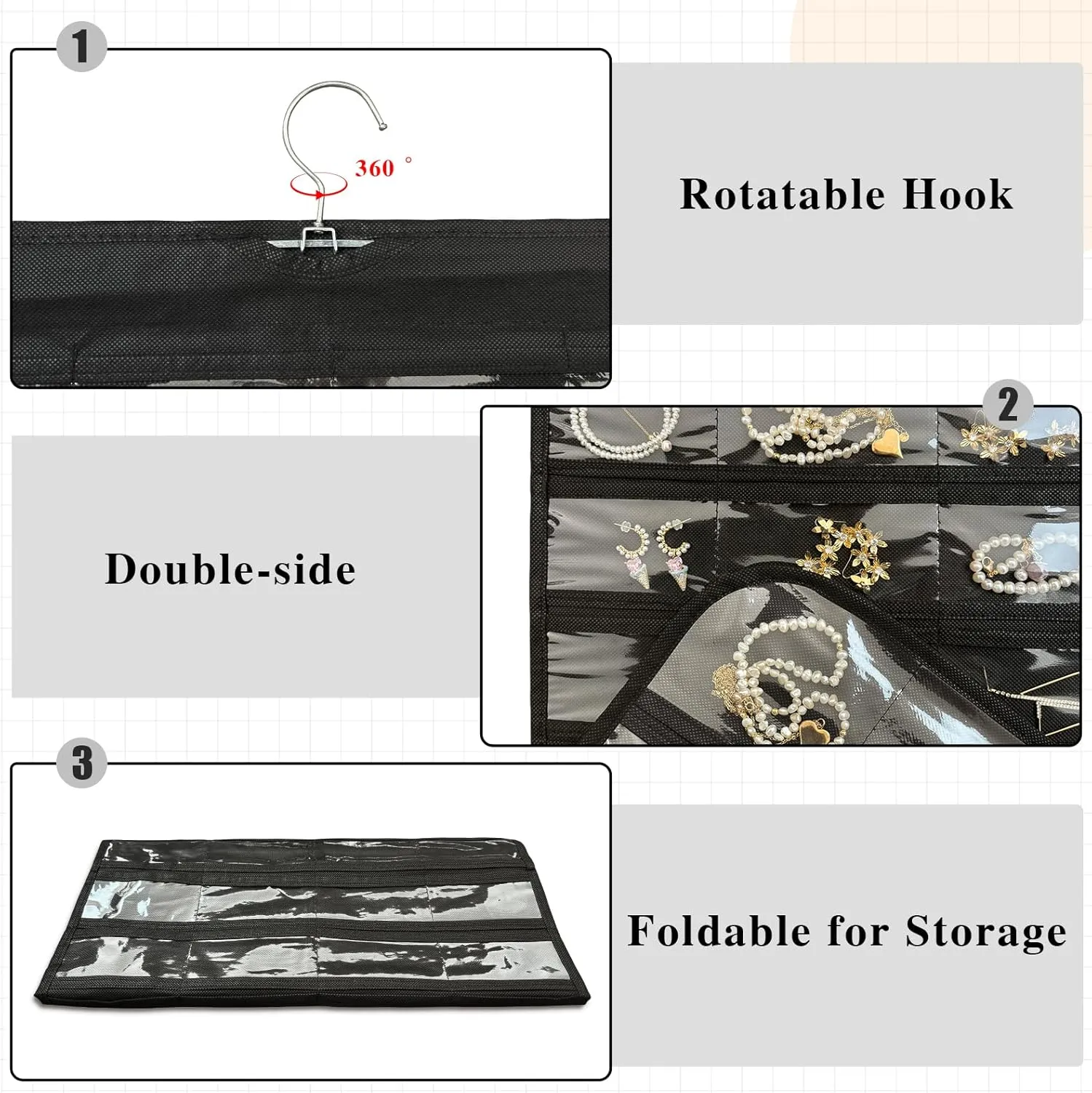 1-Pack Hanging Jewelry Organizer 80-Pocket Dual-sided Jewelry Storage for Jewelry Earring Necklace Bracelet Ring Storage Travel Holder, Black