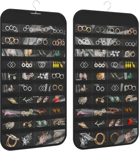 1-Pack Hanging Jewelry Organizer 80-Pocket Dual-sided Jewelry Storage for Jewelry Earring Necklace Bracelet Ring Storage Travel Holder, Black