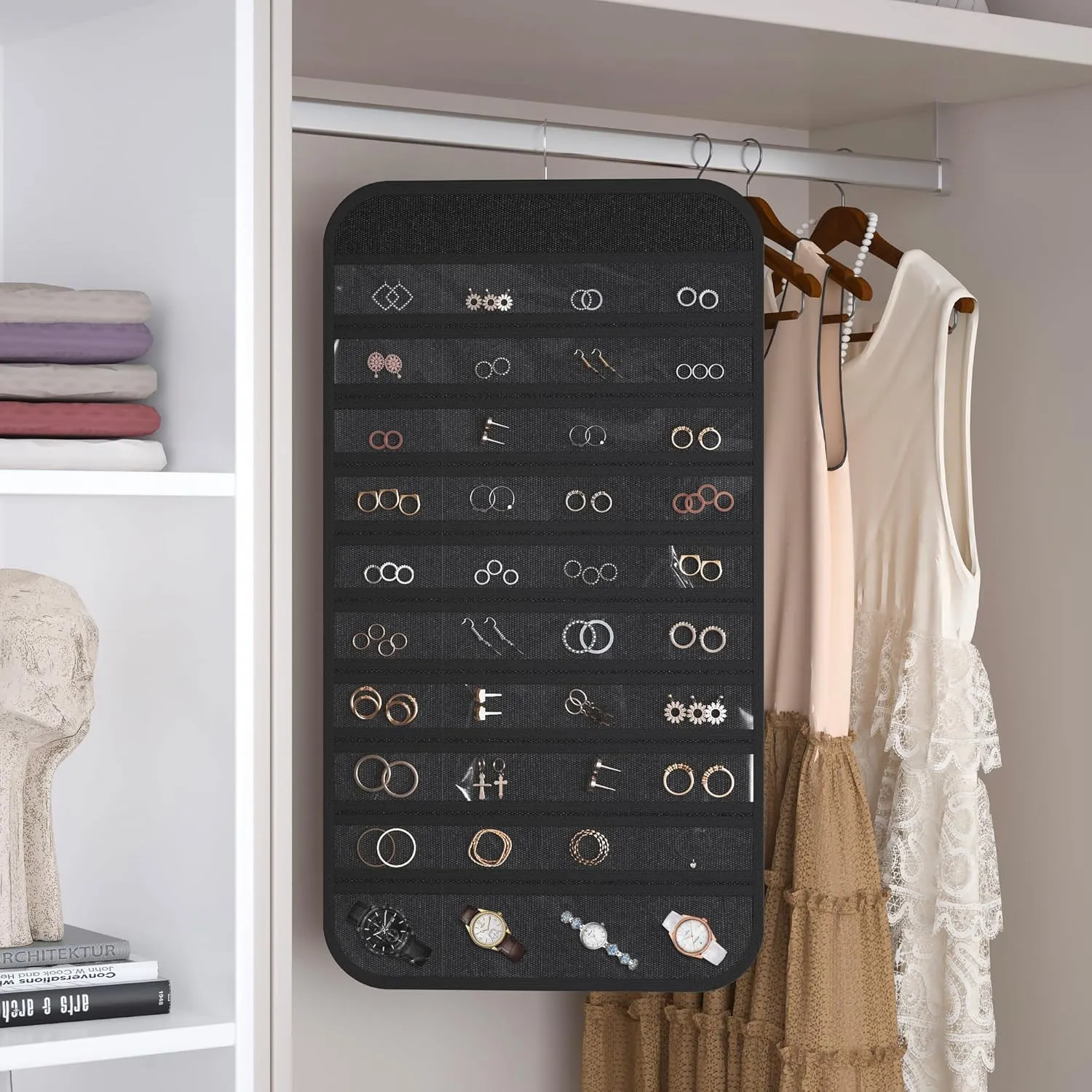 1-Pack Hanging Jewelry Organizer 80-Pocket Dual-sided Jewelry Storage for Jewelry Earring Necklace Bracelet Ring Storage Travel Holder, Black