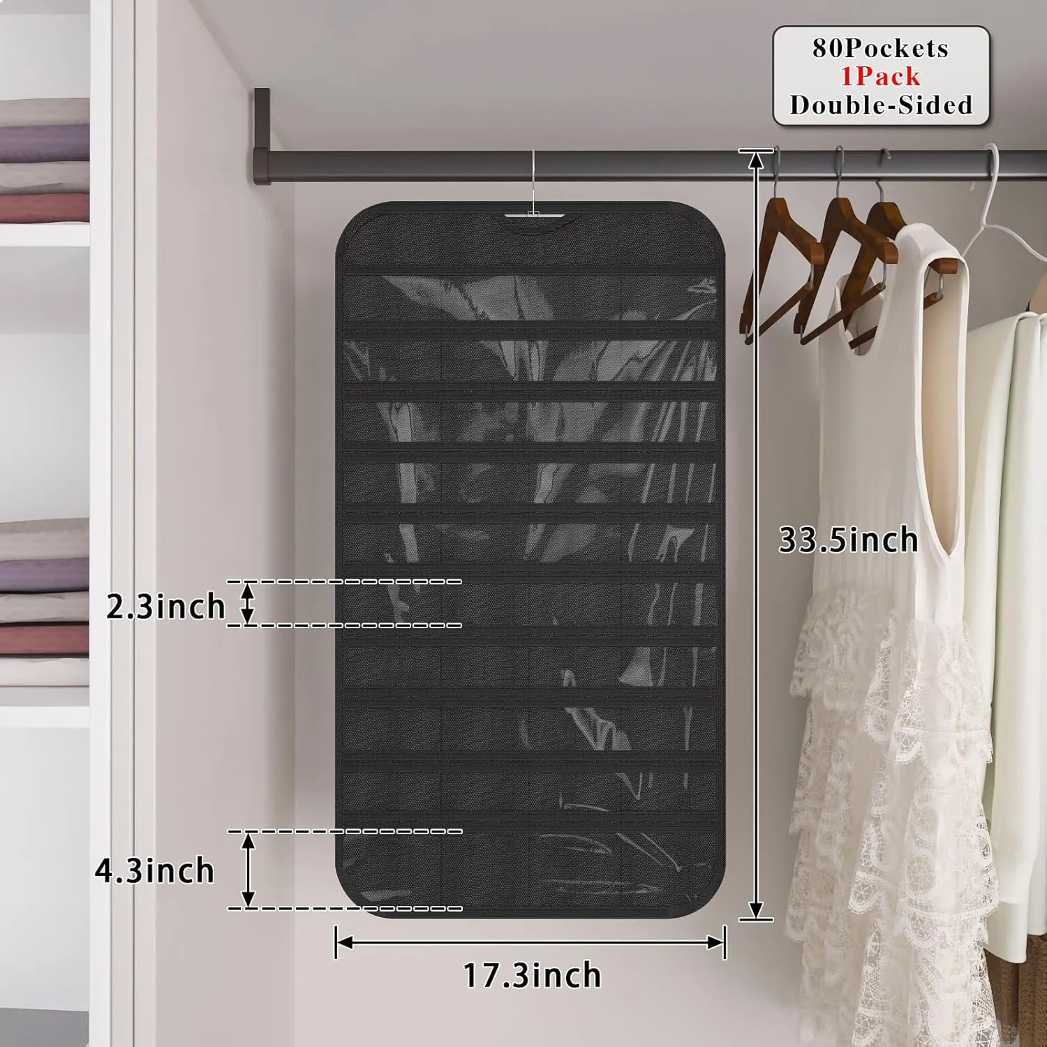 1-Pack Hanging Jewelry Organizer 80-Pocket Dual-sided Jewelry Storage for Jewelry Earring Necklace Bracelet Ring Storage Travel Holder, Black