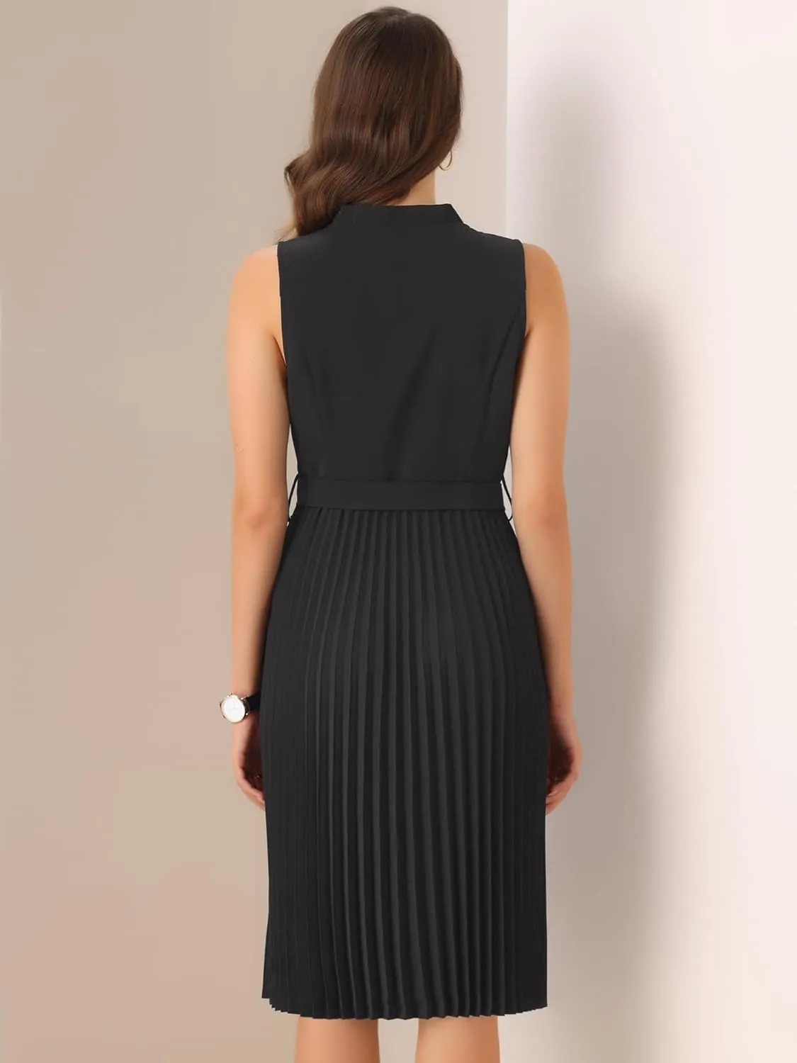 Allegra K Pleated Dress for Women's Sleeveless V Neck Tie Waist A-line Midi Dresses