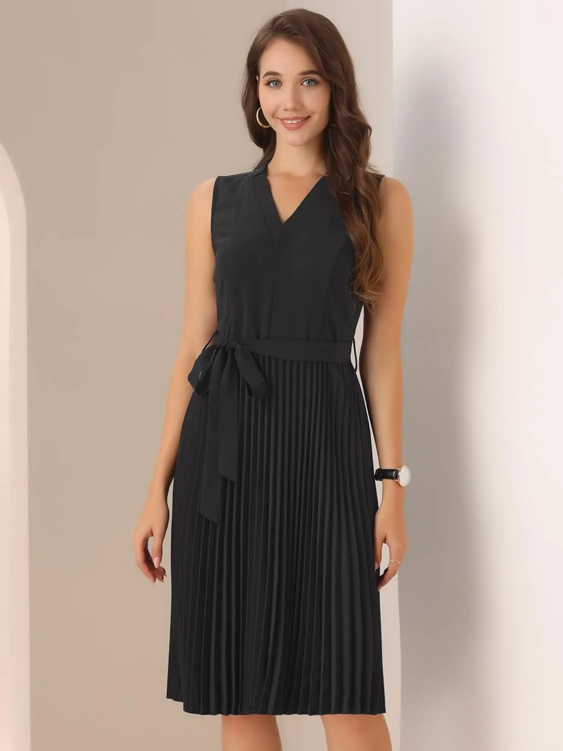 Allegra K Pleated Dress for Women's Sleeveless V Neck Tie Waist A-line Midi Dresses