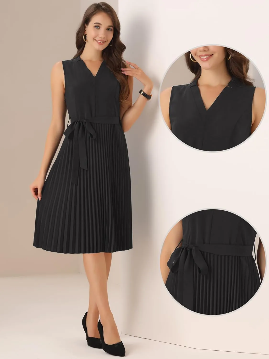 Allegra K Pleated Dress for Women's Sleeveless V Neck Tie Waist A-line Midi Dresses
