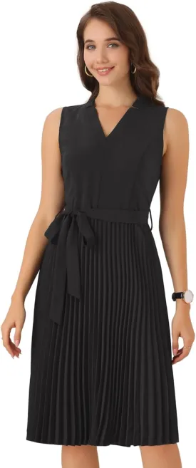 Allegra K Pleated Dress for Women's Sleeveless V Neck Tie Waist A-line Midi Dresses