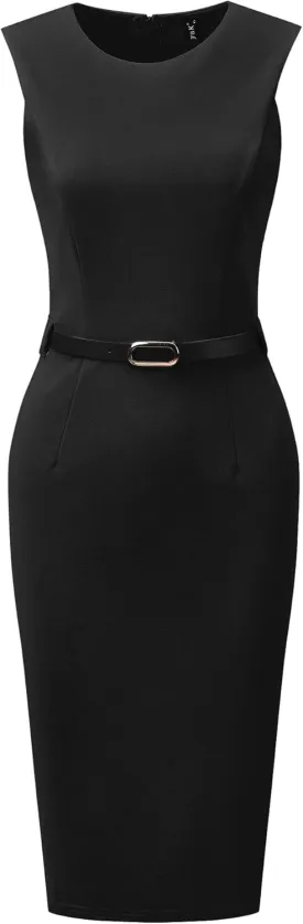 Allegra K Sleeveless Sheath Dress for Women's Office Round Neck Belted Business Pencil Dresses