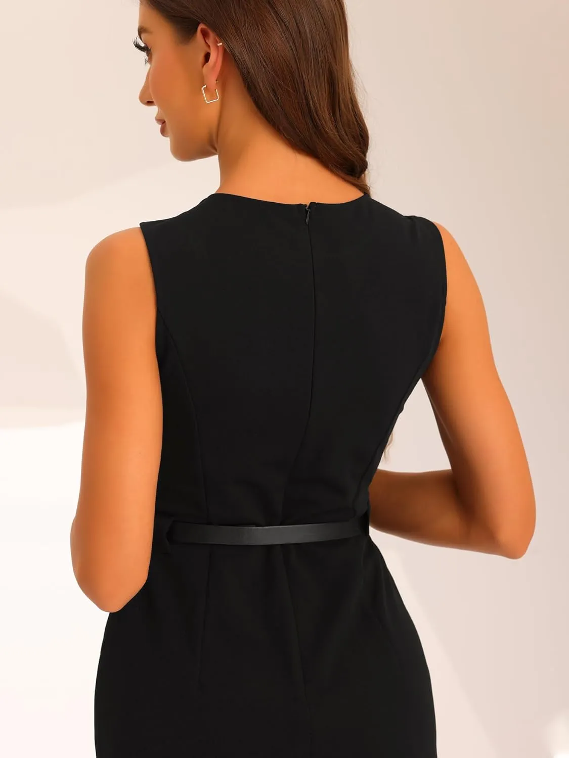 Allegra K Sleeveless Sheath Dress for Women's Office Round Neck Belted Business Pencil Dresses