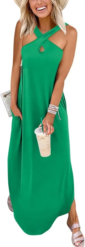 ANRABESS Womens Casual Summer Maxi Dress Sexy Slit Side Sleeveless Loose Beach Long Sundress Vacation Outfits with Pockets