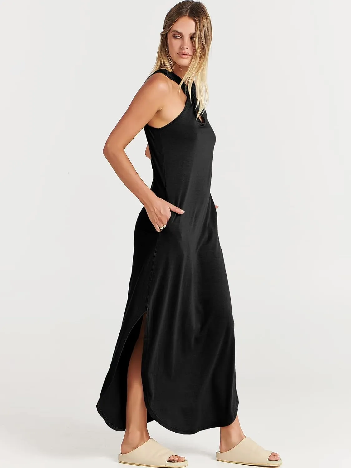ANRABESS Womens Casual Summer Maxi Dress Sexy Slit Side Sleeveless Loose Beach Long Sundress Vacation Outfits with Pockets