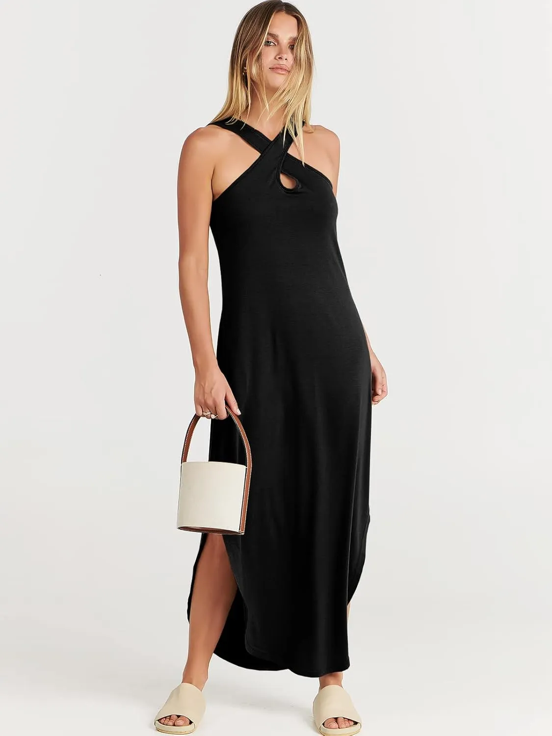 ANRABESS Womens Casual Summer Maxi Dress Sexy Slit Side Sleeveless Loose Beach Long Sundress Vacation Outfits with Pockets