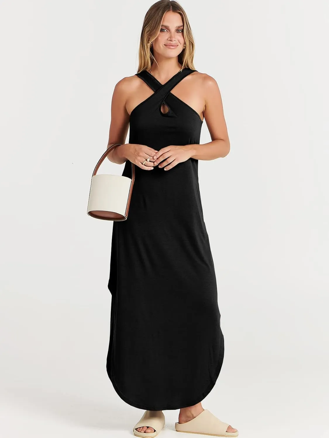 ANRABESS Womens Casual Summer Maxi Dress Sexy Slit Side Sleeveless Loose Beach Long Sundress Vacation Outfits with Pockets