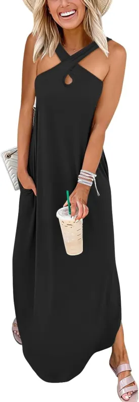 ANRABESS Womens Casual Summer Maxi Dress Sexy Slit Side Sleeveless Loose Beach Long Sundress Vacation Outfits with Pockets