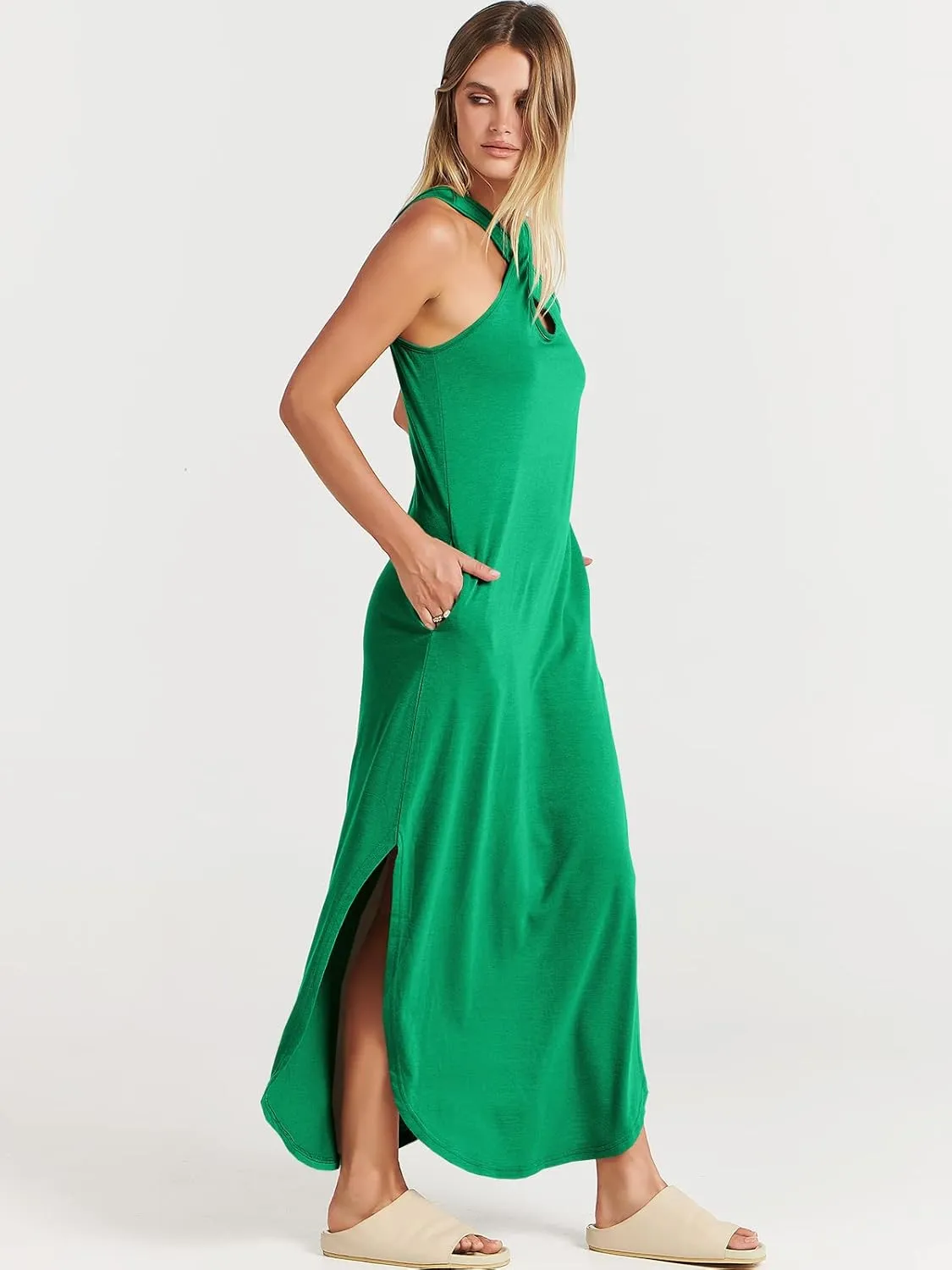 ANRABESS Womens Casual Summer Maxi Dress Sexy Slit Side Sleeveless Loose Beach Long Sundress Vacation Outfits with Pockets