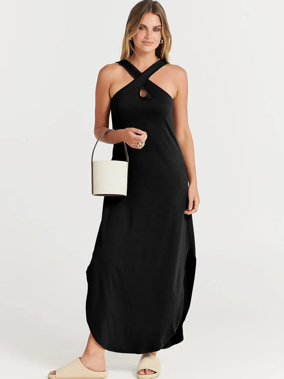 ANRABESS Womens Casual Summer Maxi Dress Sexy Slit Side Sleeveless Loose Beach Long Sundress Vacation Outfits with Pockets