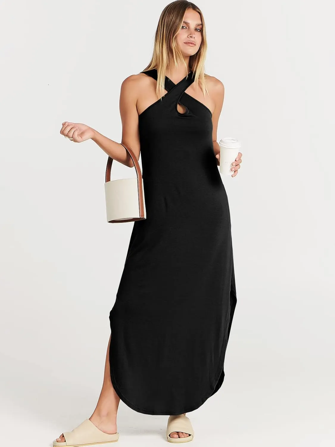 ANRABESS Womens Casual Summer Maxi Dress Sexy Slit Side Sleeveless Loose Beach Long Sundress Vacation Outfits with Pockets