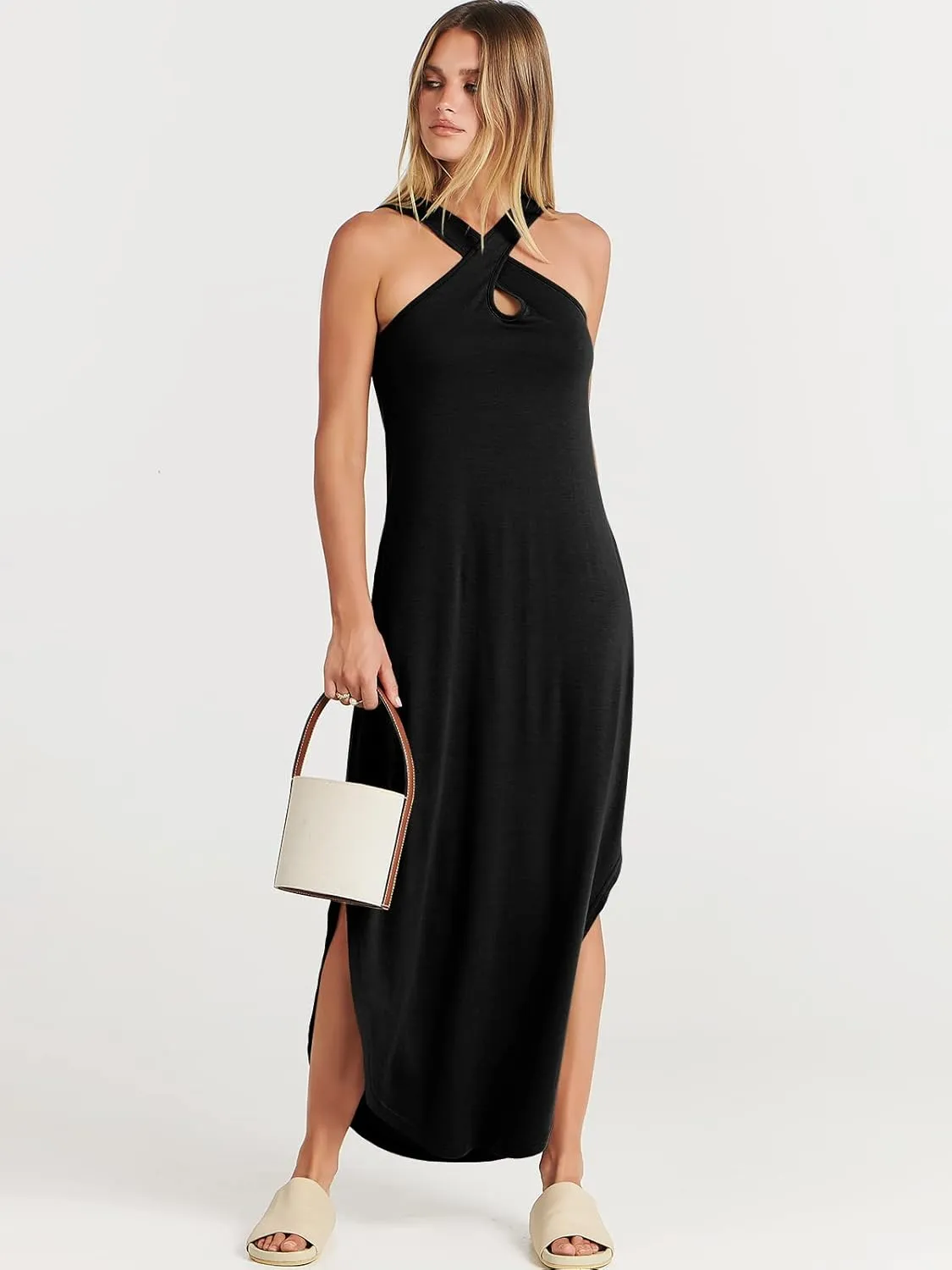 ANRABESS Womens Casual Summer Maxi Dress Sexy Slit Side Sleeveless Loose Beach Long Sundress Vacation Outfits with Pockets