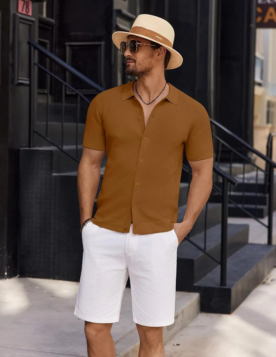 COOFANDY Men's Vintage Knit Shirt Short Sleeve Button Down Polo Shirts for Summer Casual & Vacation