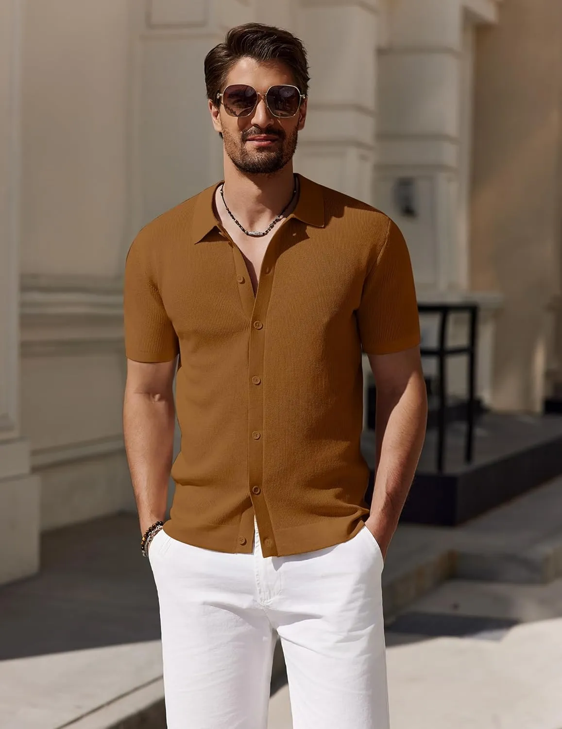 COOFANDY Men's Vintage Knit Shirt Short Sleeve Button Down Polo Shirts for Summer Casual & Vacation