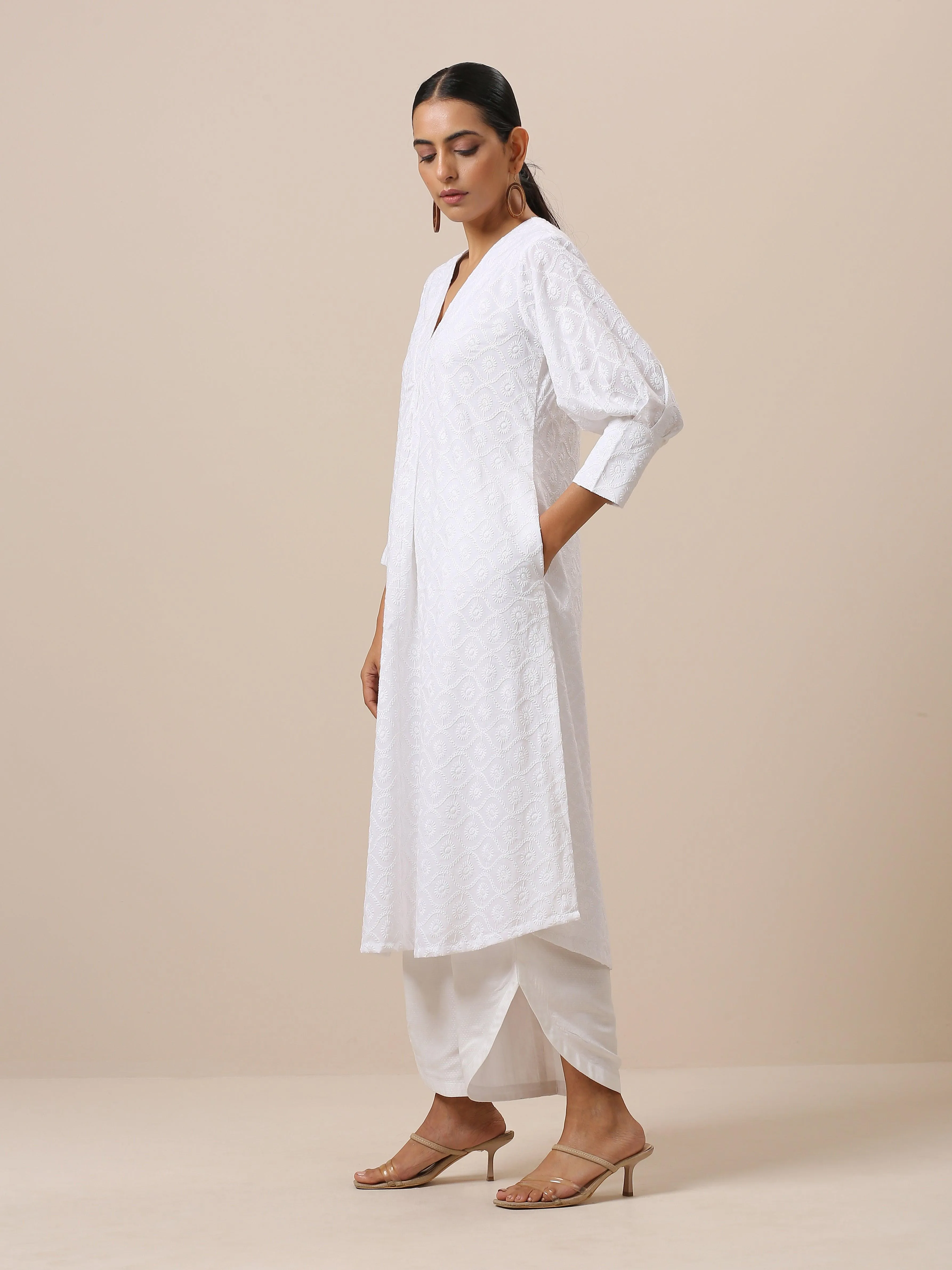 Cotton White Embroidered Slit Kurta Pant Set