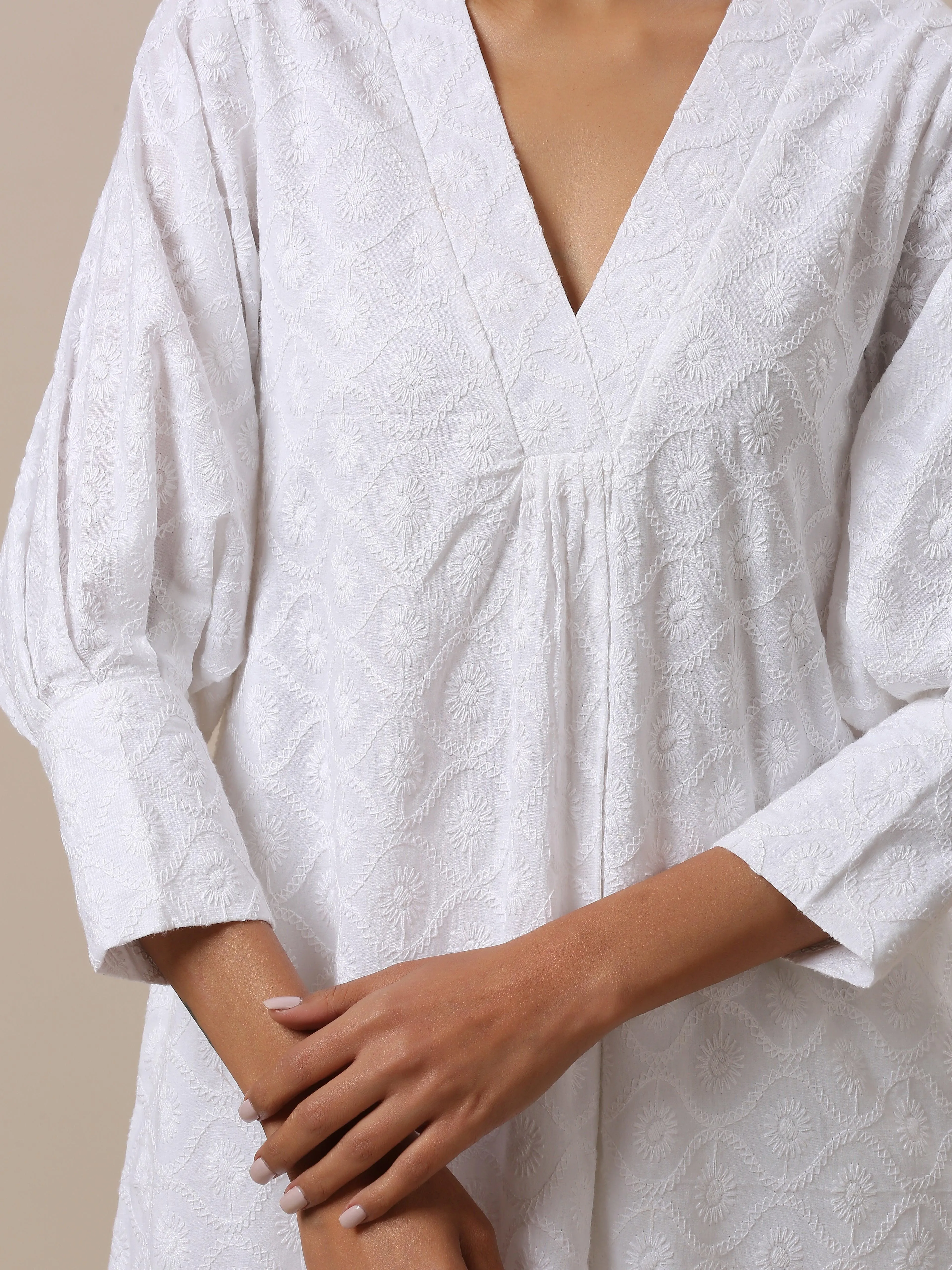 Cotton White Embroidered Slit Kurta Pant Set