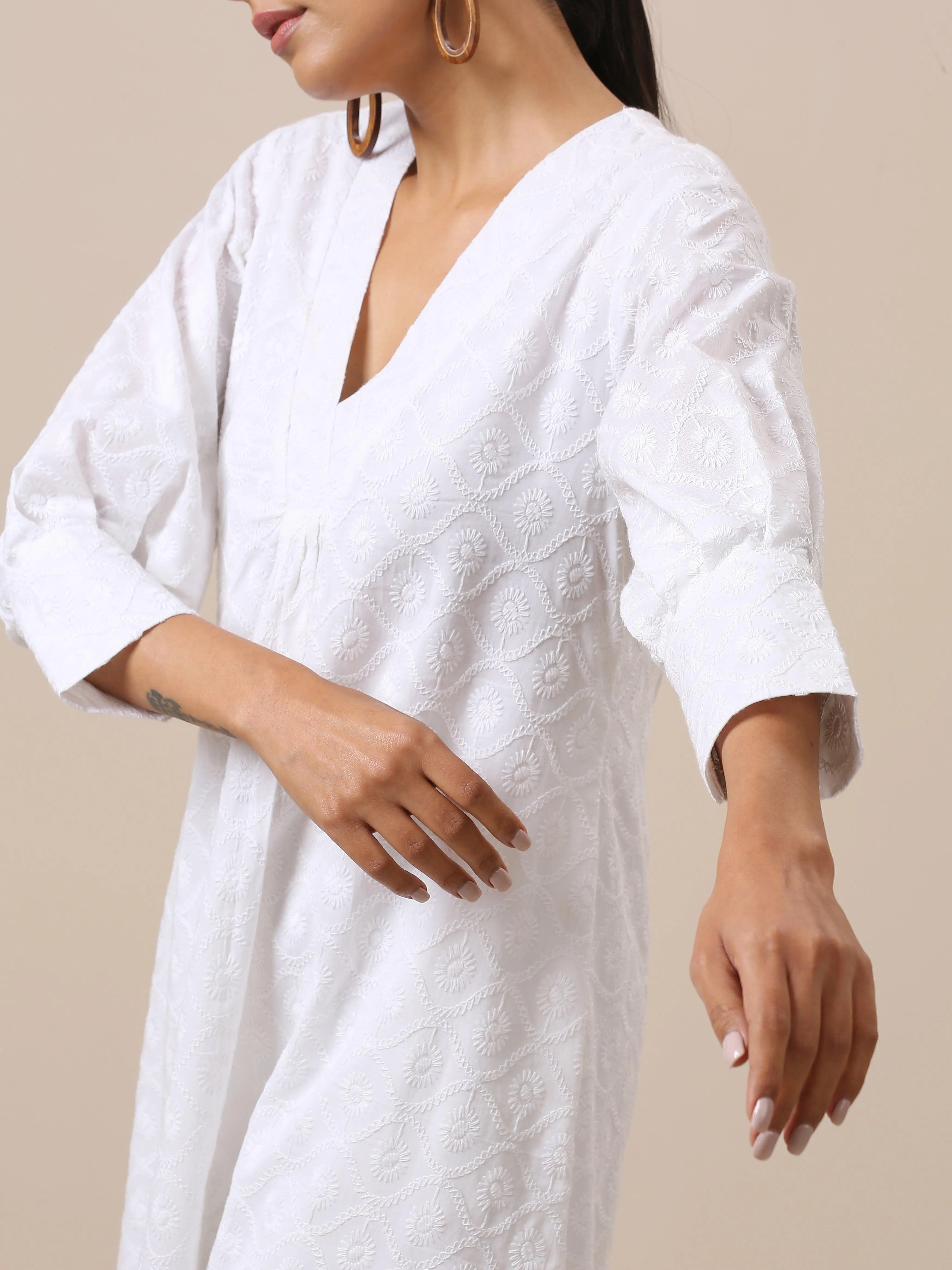 Cotton White Embroidered Slit Kurta Pant Set