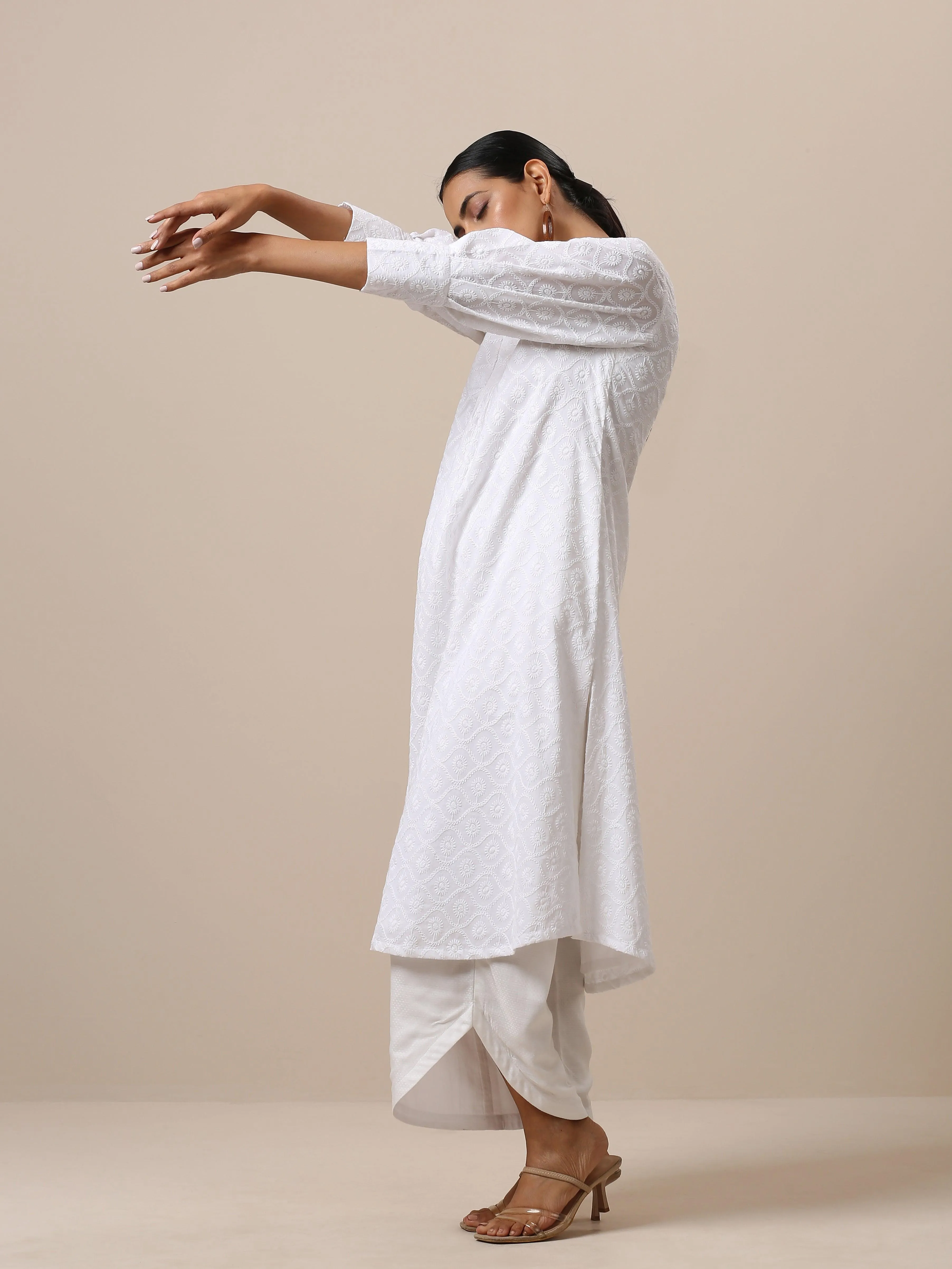 Cotton White Embroidered Slit Kurta Pant Set