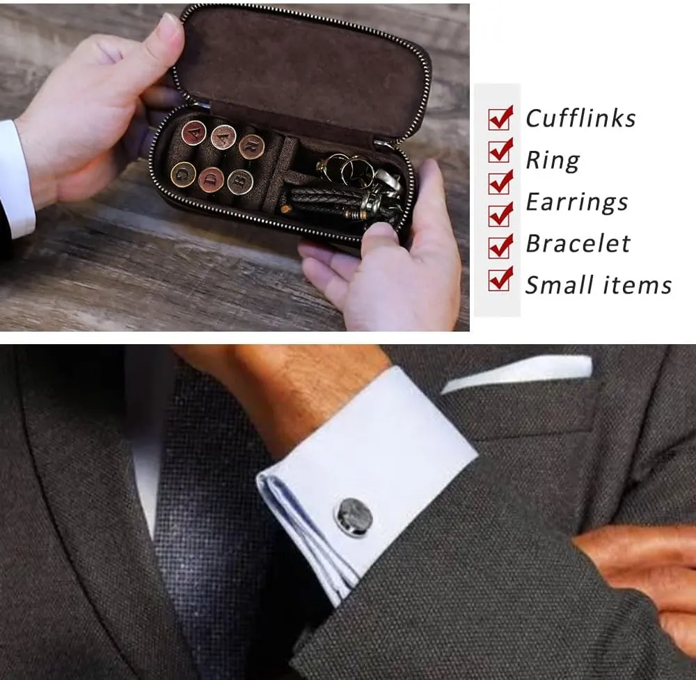 Crazy Horse Leather Cufflink Box for Men Travel Jewelry Storage Case Small Jewelry Organizer Padded Tray for Cufflinks Rings Earrings Studs