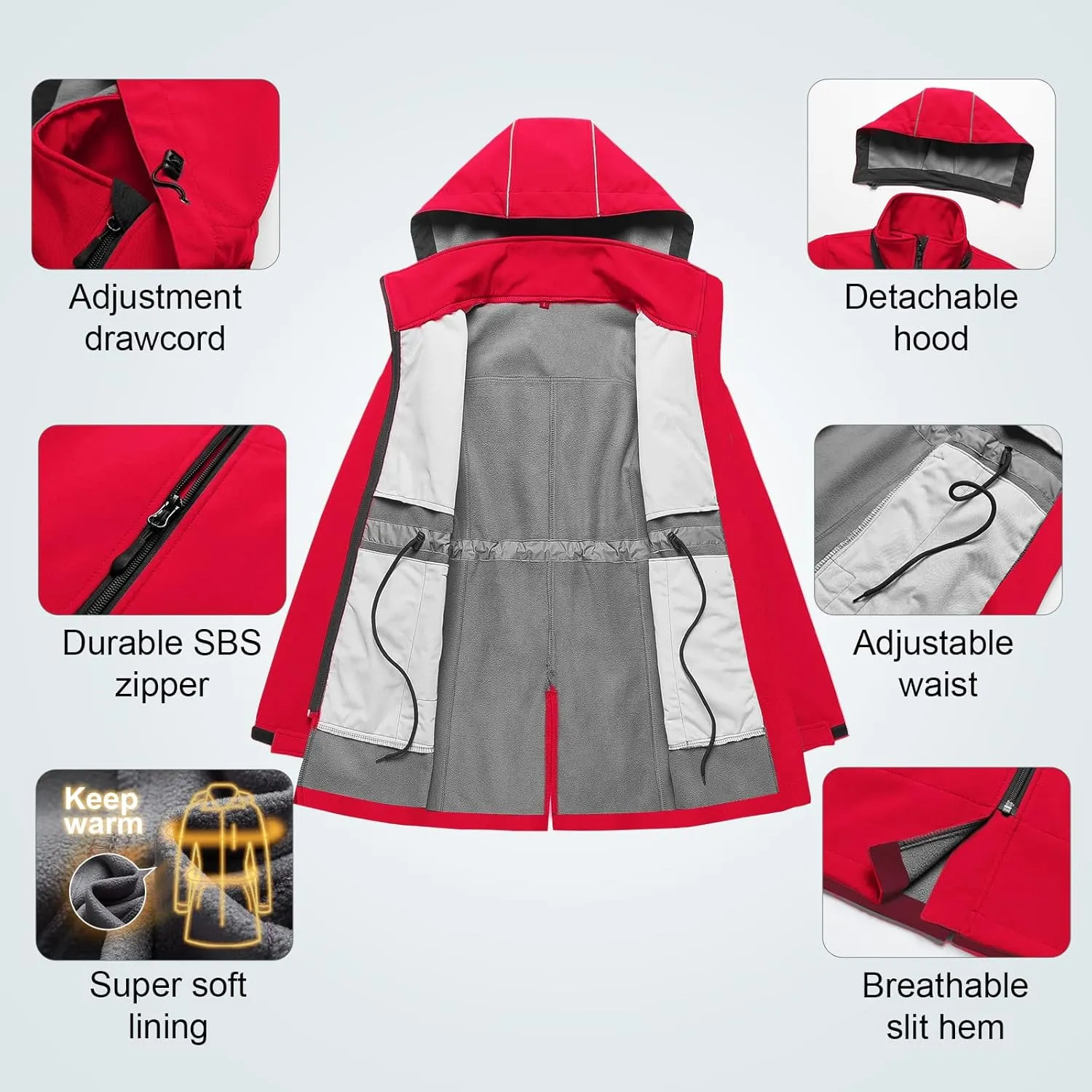 CREATMO US Women's Lightweight Waterproof Long Softshell Tactical Jacket Fleece Lined Windbreaker