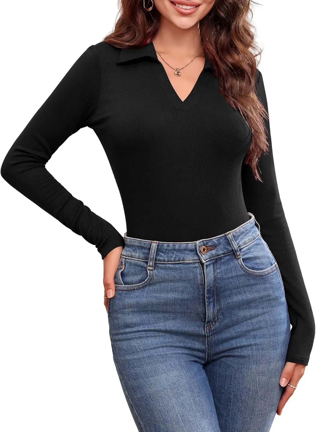 DittyandVibe Women's Long Sleeve Collared Polo Shirts Ribbed Knit Slim Fitted V Neck Work Tops