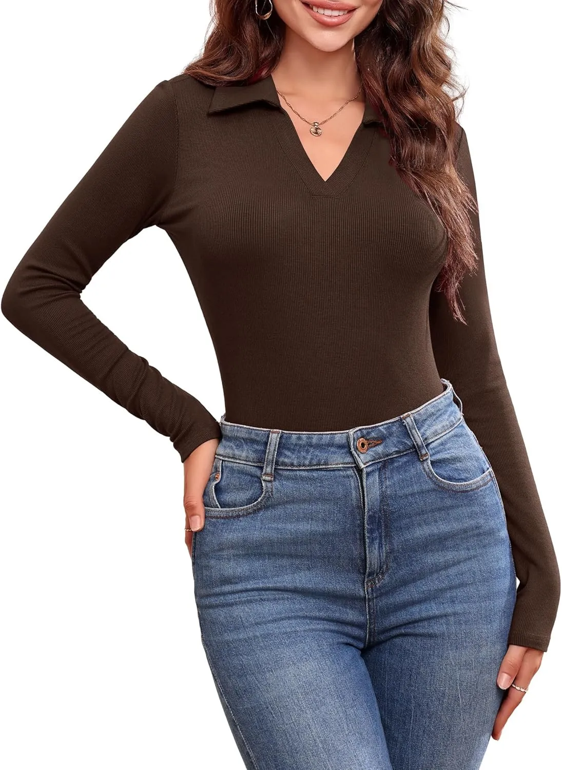 DittyandVibe Women's Long Sleeve Collared Polo Shirts Ribbed Knit Slim Fitted V Neck Work Tops