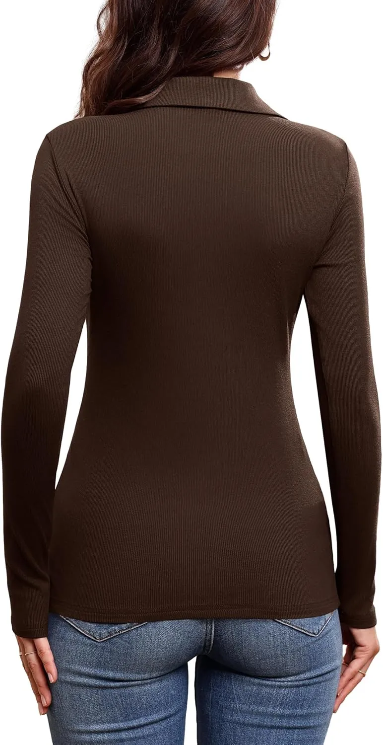 DittyandVibe Women's Long Sleeve Collared Polo Shirts Ribbed Knit Slim Fitted V Neck Work Tops