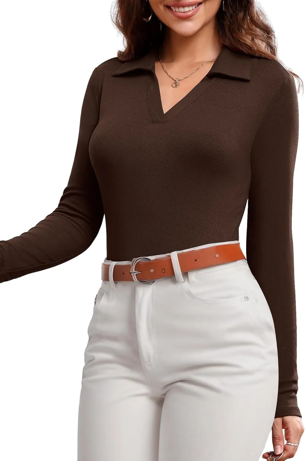 DittyandVibe Women's Long Sleeve Collared Polo Shirts Ribbed Knit Slim Fitted V Neck Work Tops