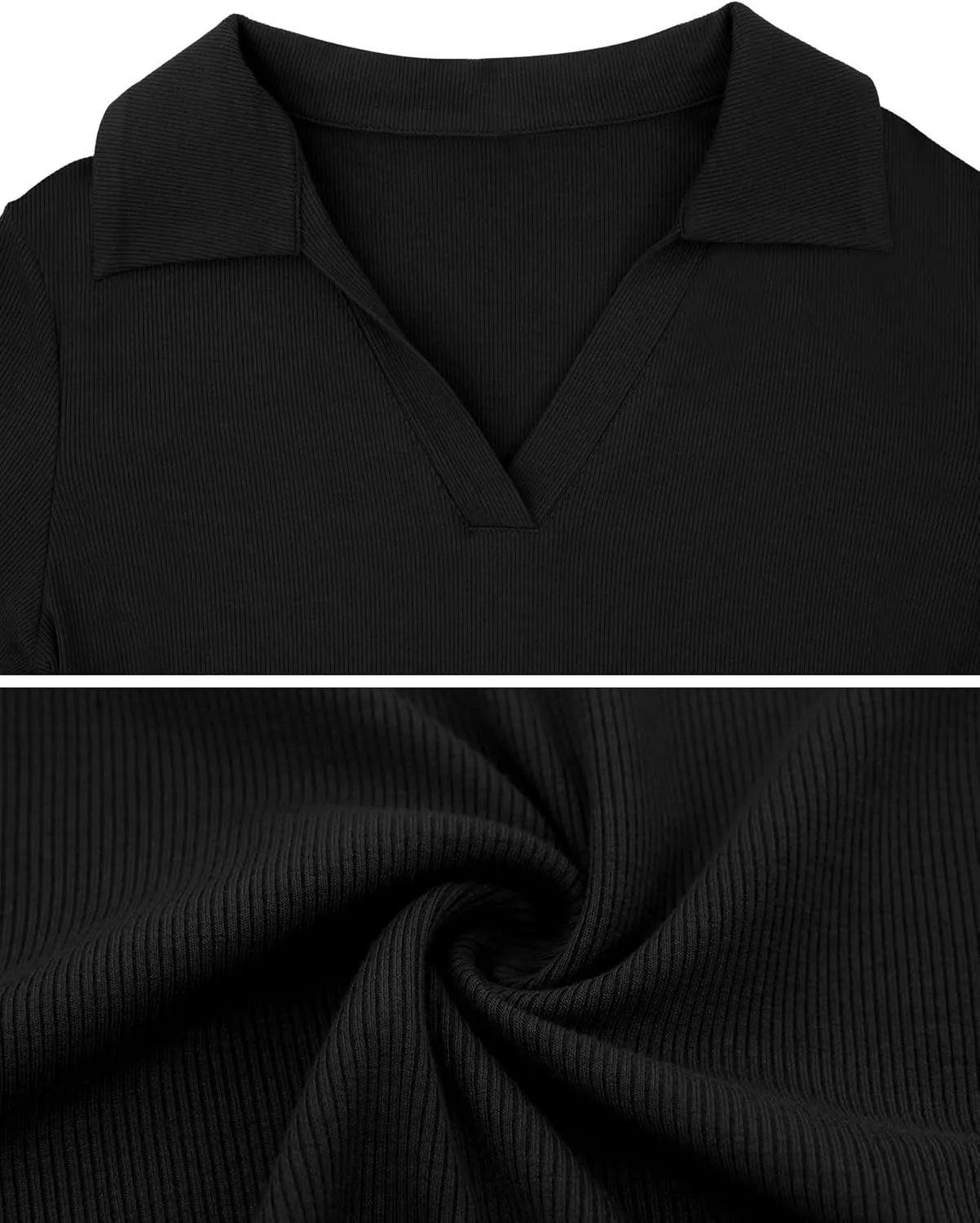 DittyandVibe Women's Long Sleeve Collared Polo Shirts Ribbed Knit Slim Fitted V Neck Work Tops