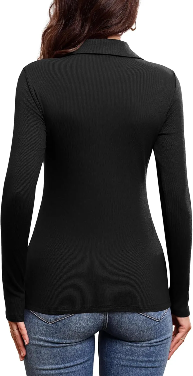 DittyandVibe Women's Long Sleeve Collared Polo Shirts Ribbed Knit Slim Fitted V Neck Work Tops