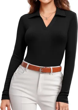 DittyandVibe Women's Long Sleeve Collared Polo Shirts Ribbed Knit Slim Fitted V Neck Work Tops
