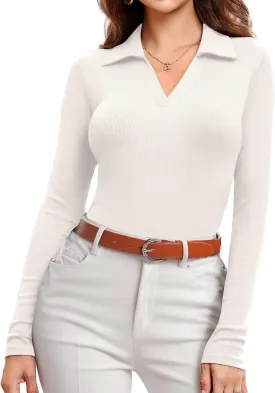 DittyandVibe Women's Long Sleeve Collared Polo Shirts Ribbed Knit Slim Fitted V Neck Work Tops