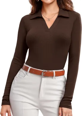 DittyandVibe Women's Long Sleeve Collared Polo Shirts Ribbed Knit Slim Fitted V Neck Work Tops