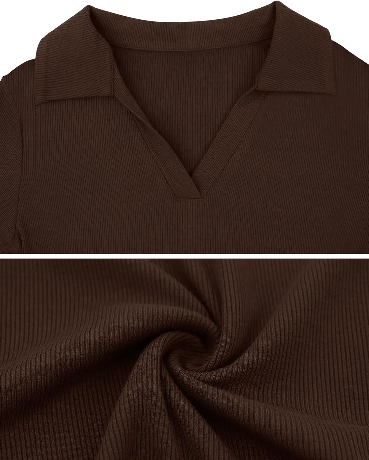 DittyandVibe Women's Long Sleeve Collared Polo Shirts Ribbed Knit Slim Fitted V Neck Work Tops