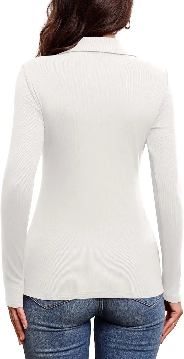 DittyandVibe Women's Long Sleeve Collared Polo Shirts Ribbed Knit Slim Fitted V Neck Work Tops