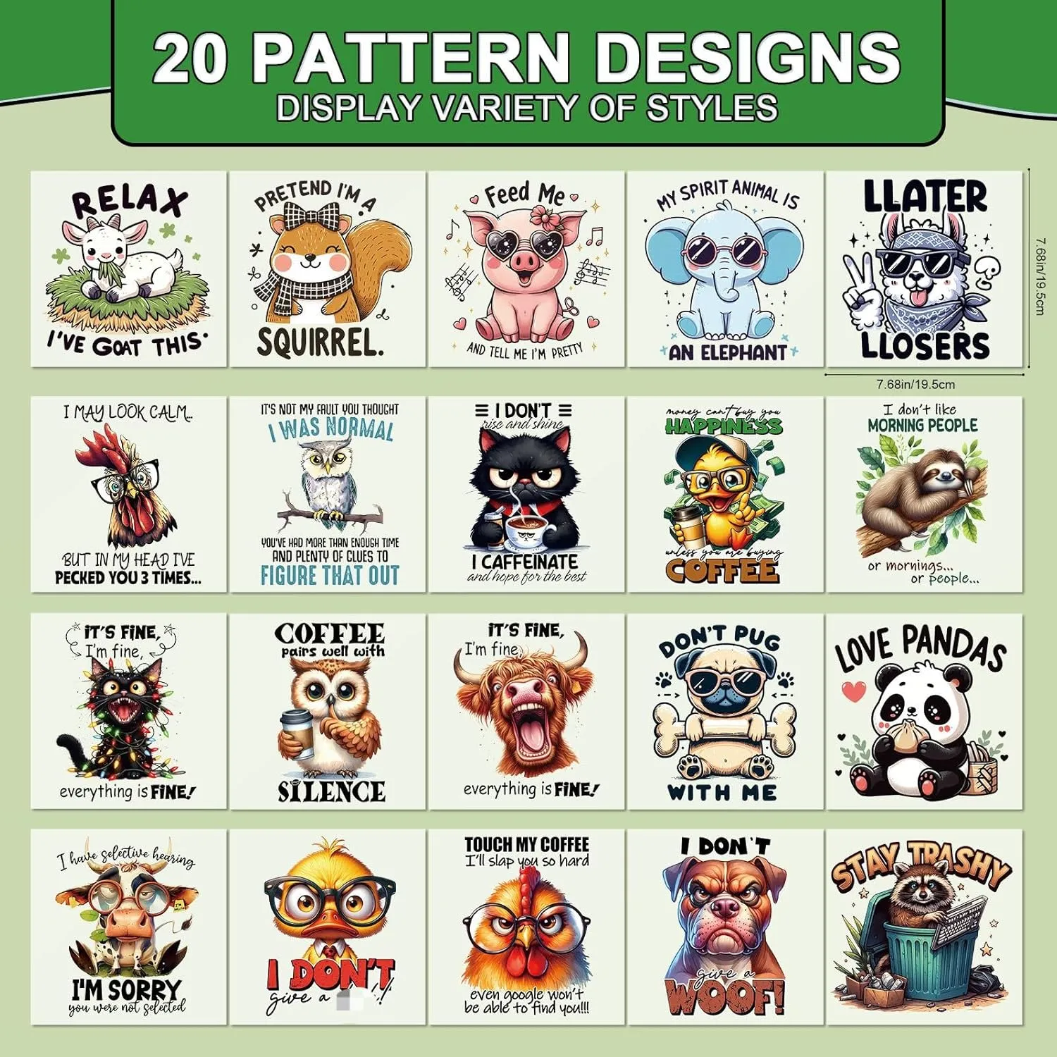 Dtf Transfers Ready to Press - 20 Pcs Funny Animal Iron on Transfers for T-Shirts Sarcastic Cat Dog Cow Heat Transfer Vinyl Stickers Patches Decals for Clothes Bag Pillow DIY Decor