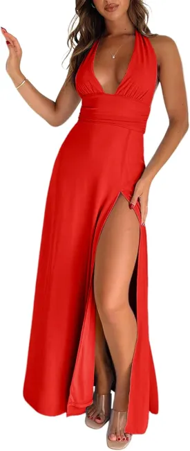 Ekaliy Womens Sexy Halter Deep V Neck Maxi Dress Sleeveless Backless Split Long Dress