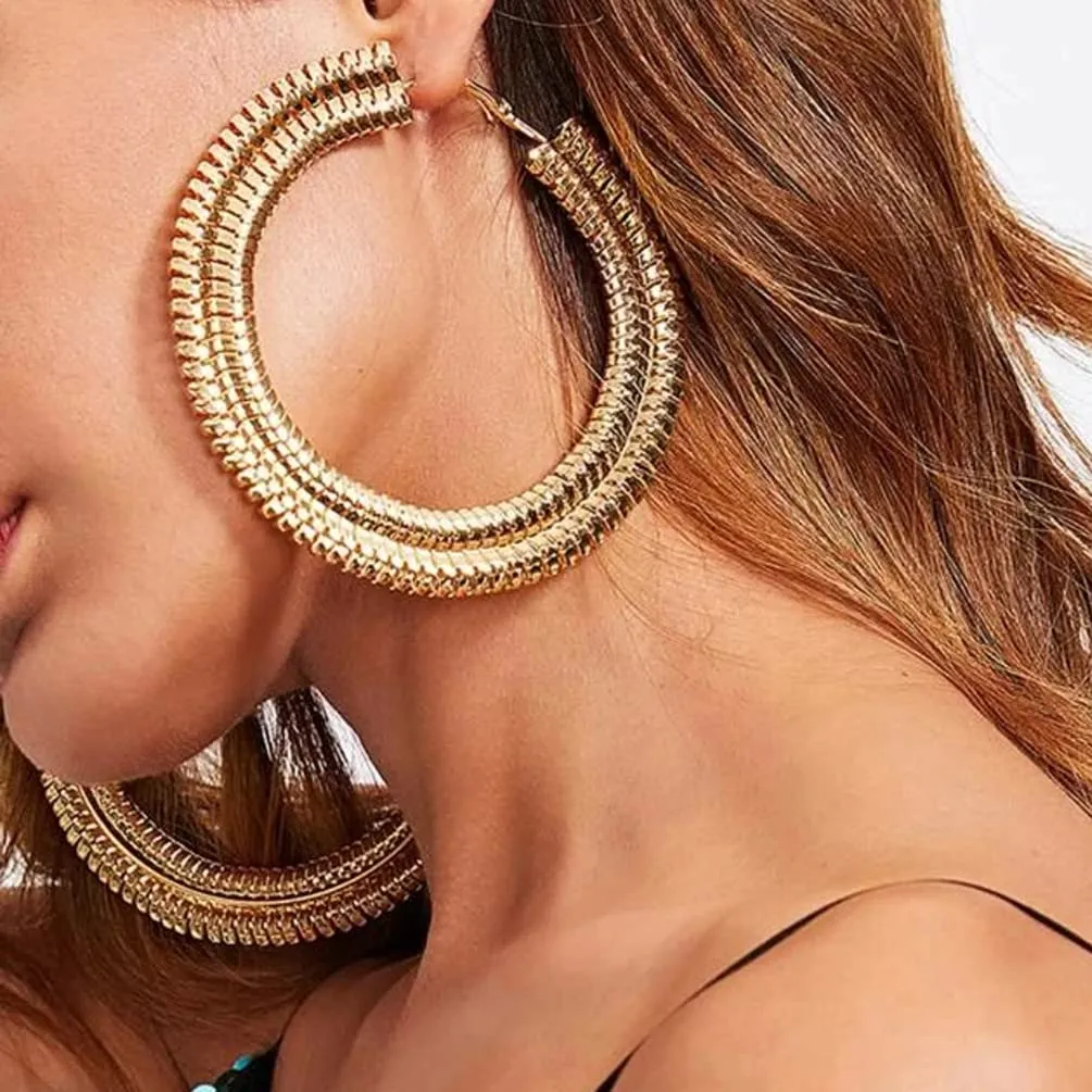 Extra Large Chunky Cuban Hoop Earrings Geometric Double Layered Round Loop Earrings for Women Prom Party Festival Jewelry (80mm silver)