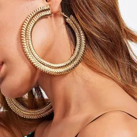 Extra Large Chunky Cuban Hoop Earrings Geometric Double Layered Round Loop Earrings for Women Prom Party Festival Jewelry (80mm silver)