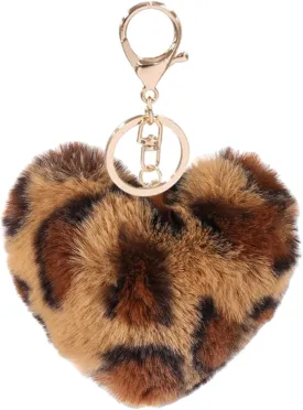 FORUBUS Heart Shaped Leopard Pom Pom Ball Keychain - Fun Accessory for Stylish Women