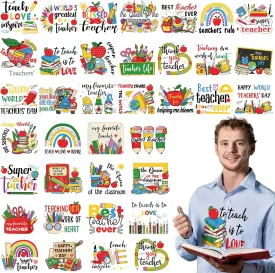 Gilprop 36 Sheets Teacher Week Iron on Transfers Patches Decals HTV Heat Transfer Sticker Inspirational Vinyl Iron on Decals for Clothing T-Shirts Hat Bag DIY Decorations