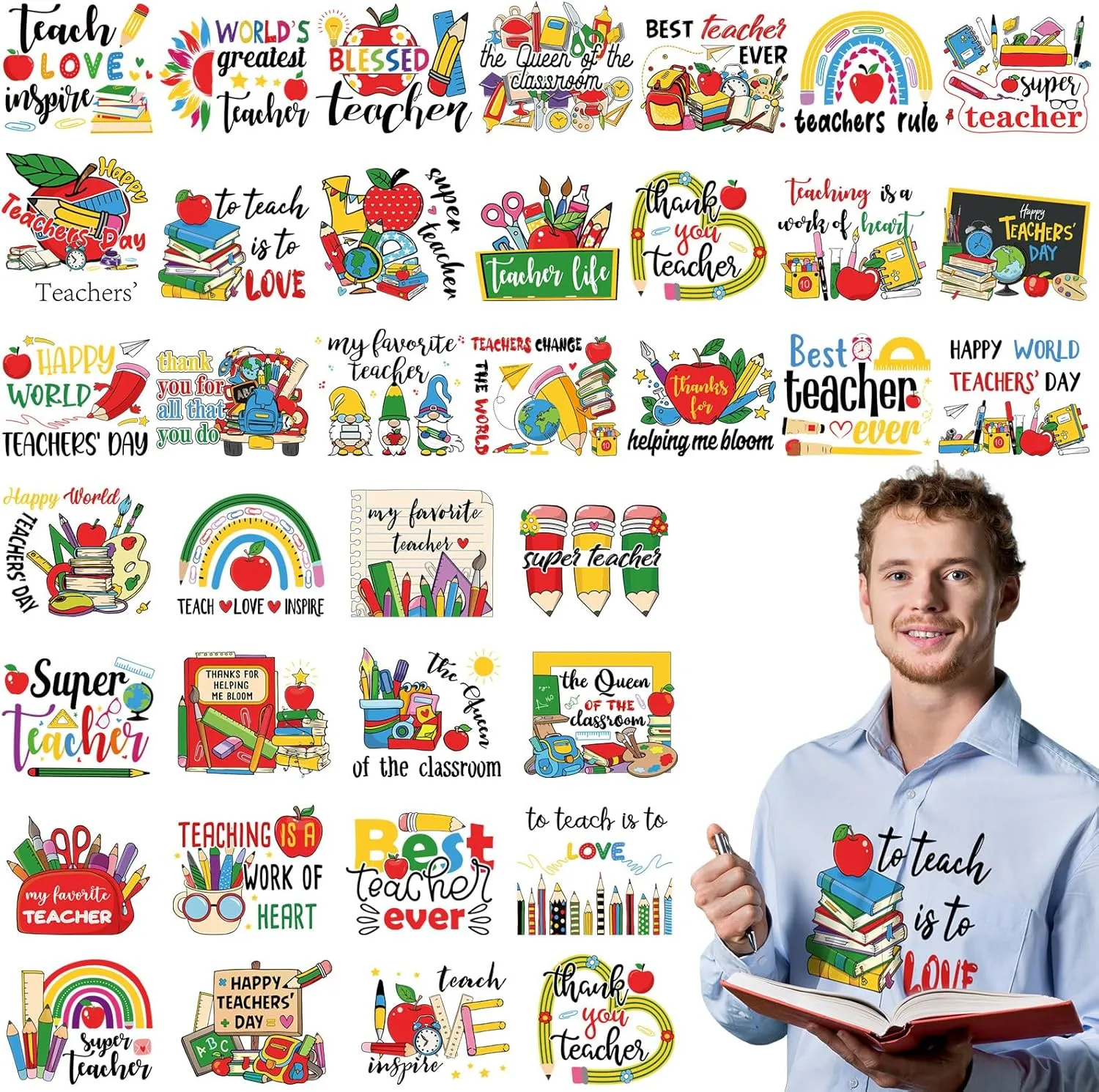 Gilprop 36 Sheets Teacher Week Iron on Transfers Patches Decals HTV Heat Transfer Sticker Inspirational Vinyl Iron on Decals for Clothing T-Shirts Hat Bag DIY Decorations