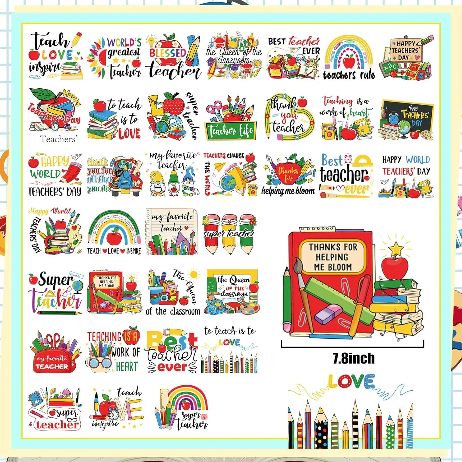 Gilprop 36 Sheets Teacher Week Iron on Transfers Patches Decals HTV Heat Transfer Sticker Inspirational Vinyl Iron on Decals for Clothing T-Shirts Hat Bag DIY Decorations