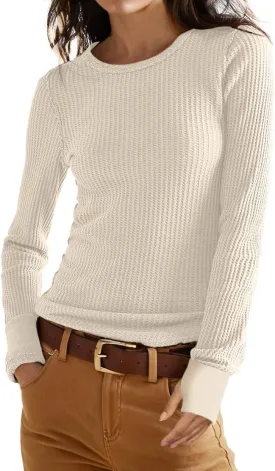 GRECERELLE Waffle Knit Long Sleeve Shirts for Women Crew Neck Slim Fitted Going Out Tops Y2k Outfits