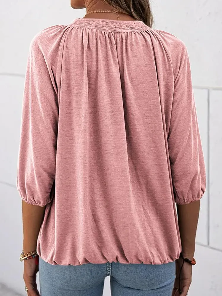 Grlasen Women's Solid Crew Neck T Shirt Blouse Cotton Half Sleeve 3/4 Sleeve Casual Loose Pleated Basic Tops